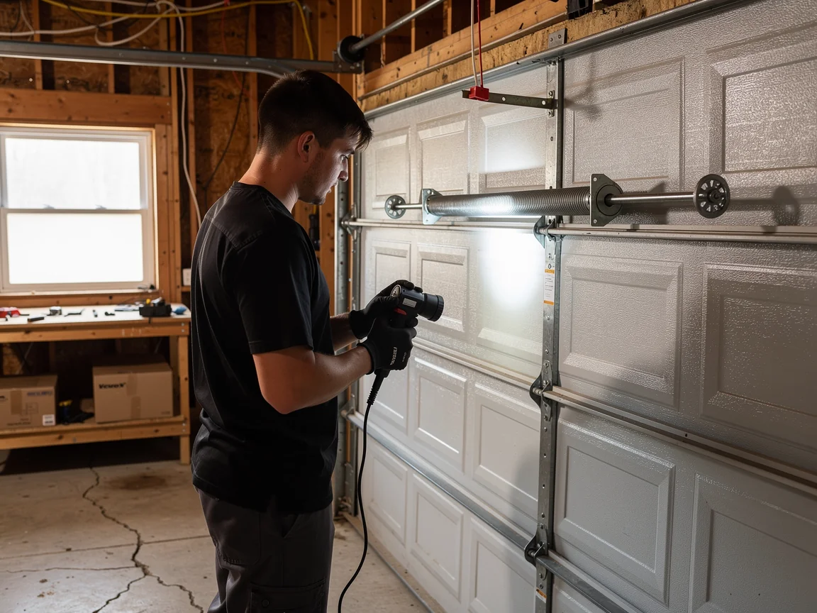 A technician shines a light on a garage door torsion spring.