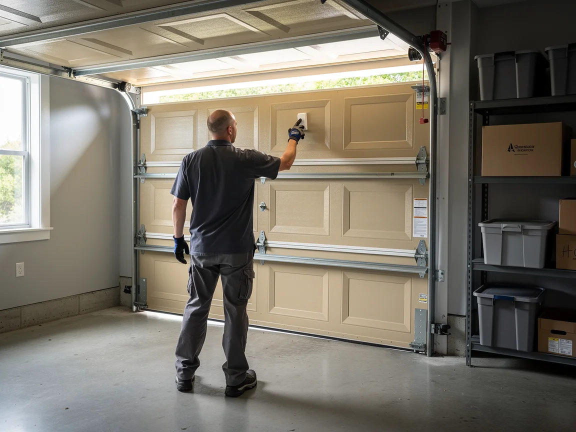 A technician in a gray uniform is pressing a button on a beige garage door.